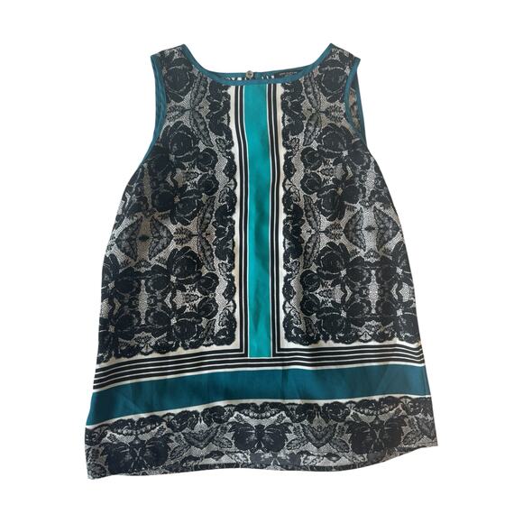 Ann Taylor Petite SP Sleeveless Blouse Teal Black Lace Print Baroque Top Work - Picture 2 of 7